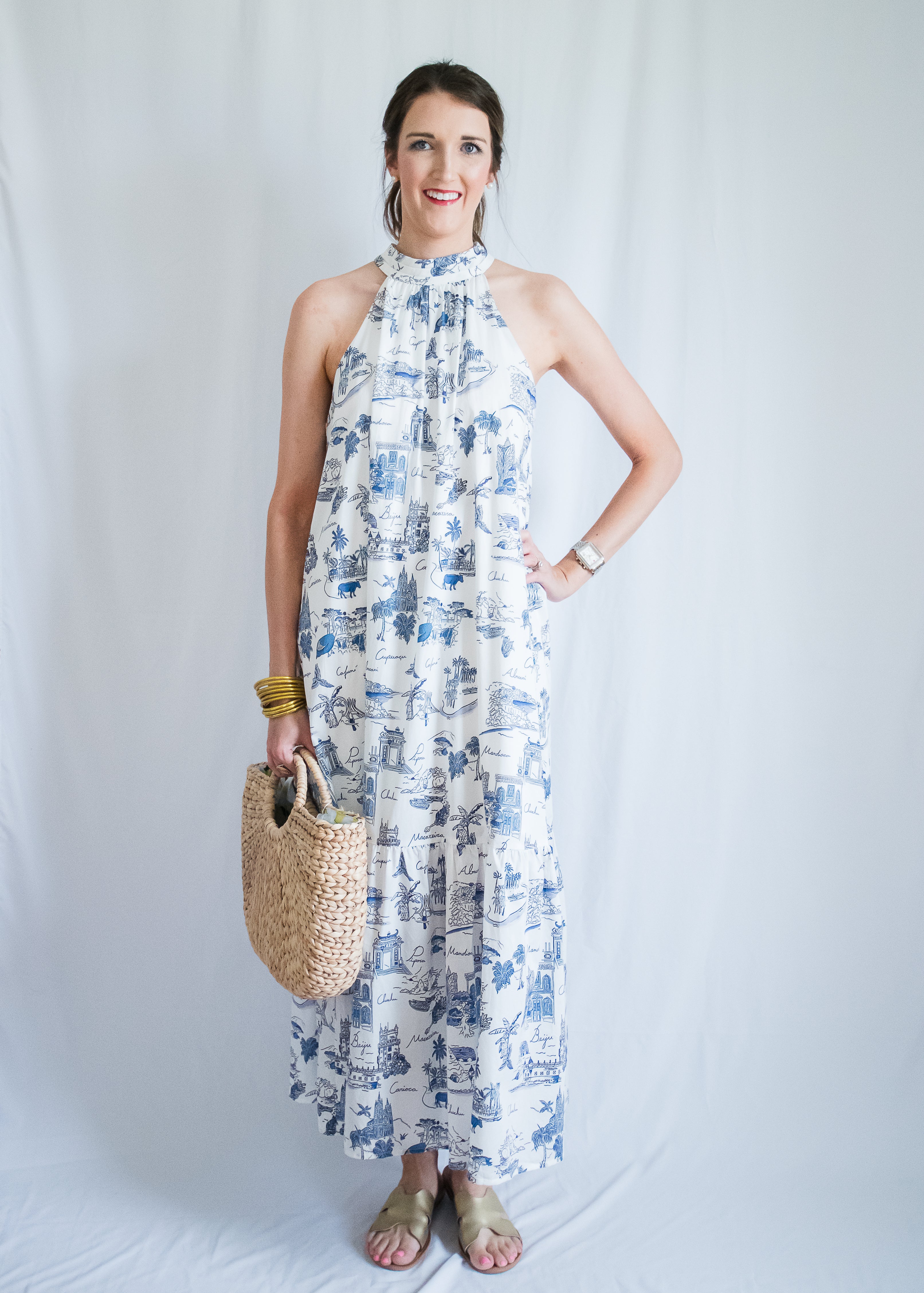espa cotton toile print maxi dress Toile Scenic Print Resortwear Maxi Dress  Blue and White Vacation Long  Dress With Spaghetti Straps and Tropical Landscape Design